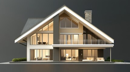 Leinwandbilder - Image of a clean-lined minimalist house in cream and brown tones, isolated against a dark background.