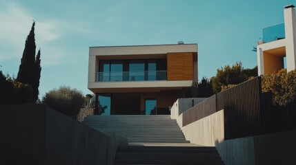Leinwandbilder - Image of a modern house with clean cream and brown tones, standing out in a dark, minimalist setting.