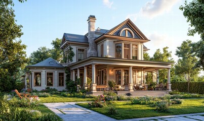 Wall Mural - A charming house with a large porch and beautifully landscaped gardens. AI.