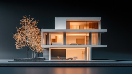 Poster - Image of a modern, minimalist house with neutral cream-brown tones, standing isolated against a dark backdrop.