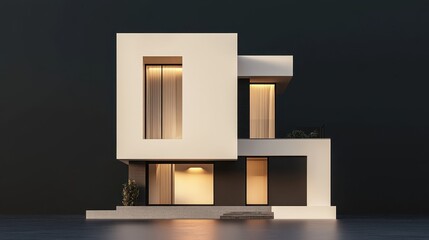 Poster - Image of a modern, minimalist house with neutral cream-brown tones, standing isolated against a dark backdrop.