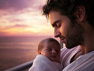 Canvas Print - A father's gentle love at sunset. AI.