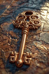 Poster - An ornate golden key rests on a textured surface. AI.