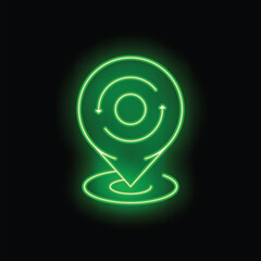 Poster - Neon green glowing location pin with rotating arrows icon on a black background
