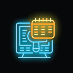 Poster - Neon style icon of computer mouse clicking on calendar icon displayed on computer screen representing online appointment scheduling
