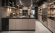 © panophotograph - A high-end industrial-style kitchen with mocha mousse-colored custom cabinetry, glossy black countertops, and stainless steel appliances. The space features open