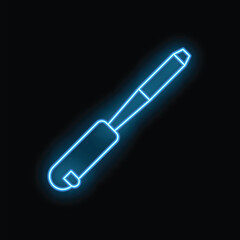 Poster - neon blue contour of a chisel with a wooden handle glowing on a black background