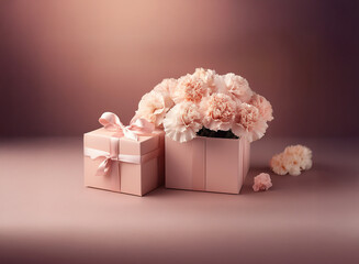 Poster - Elegant blush pink gift boxes and carnations.  A delicate and romantic arrangement perfect for a special occasion.