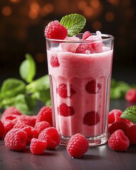 Wall Mural - Fresh fruit shake in a glass, milkshake, smoothie, dessert, dessert, raspberry, mint, wellness drink, AI generated