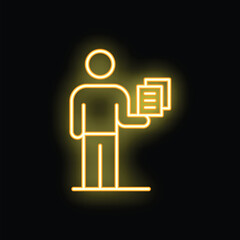 Poster - Neon icon of businessman holding documents, perfect for representing concepts like business, finance, and paperwork