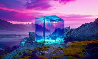 Leinwandbilder - Glass Cube Retreat Mountain Sunset
