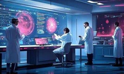 Fototapete - Scientists analyze data in futuristic lab