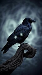 Aufkleber - A regal black raven perched on an ancient branch, its feathers subtly illuminated by arcane symbols shimmering in the darkness.
