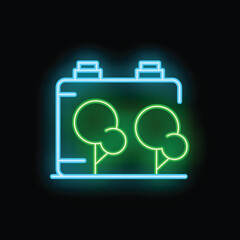 Canvas Print - Glowing neon icon of a green battery with trees growing inside representing renewable energy