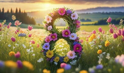 Poster - Number 8 wreath made of colorful flowers on a blooming meadow in sunrise soft light. Conceptual background for the International Women's Day celebrated on march 8th. Ai generated art
