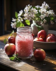 Wall Mural - Fresh fruit shake in a glass, milkshake, smoothie, dessert, dessert, red apple, white flowers, wellness drink, AI generated