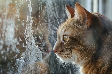 Cat looking out of window with winter snow landscape. Generative Ai, AI generated