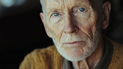 Poster - An elderly man sits quietly in a warm, inviting room, his deep blue eyes reflecting wisdom and experience. Sunlight filters through nearby windows, illuminating his thoughtful expression