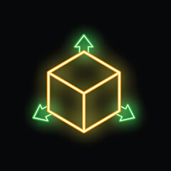 Poster - Neon glowing cube showing three dimensional axis system with green arrows indicating directions