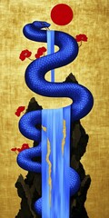 Wall Mural - A blue snake wraps around a waterfall with red flowers and a red sun on a golden background, 2025 Chinese zodiac year of the Wood Snake theme, AI generated