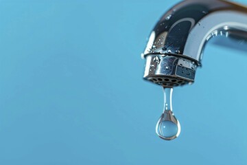 Single drop of water coming out of water tap on blue background. KI generiert, generiert, AI generated