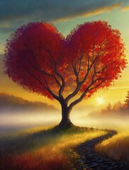 Wall Mural - Country footpath to a heart shaped red tree at sunrise surrounded by fog, AI generated