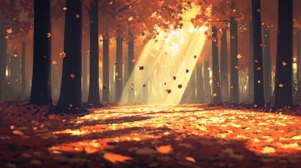 Wall Mural - a tranquil view of a golden autumn forest, with fallen leaves blanketing the ground and warm light s