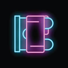 Poster - Bright neon sign representing a smartphone with a mobile application store interface, with a black background