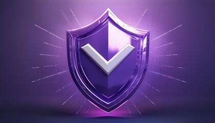 Poster - A glossy purple shield icon with a checkmark, symbolizing protection, security, and trust, set against a vibrant background with radiating light.