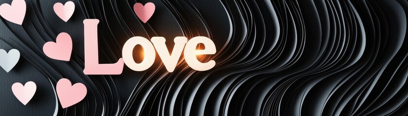 Poster - Whimsical Design of Paper Hearts with the Word Love Against a Black Ripple Background