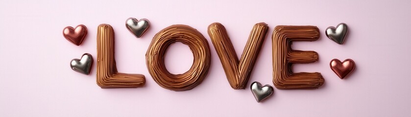 Poster - Heartfelt Love Word with Delicate Metallic Hearts on Soft Pink Background for Romantic Themes