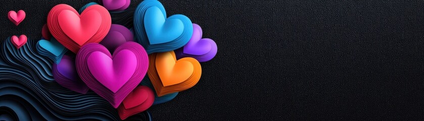 Poster - Multicolored Paper Hearts on Dark Background in Abstract Design with Flowing Lines and Shapes
