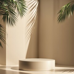 Wall Mural - Sunlit beige scene with round podium and palm leaves casting shadows, creating a tranquil tropical minimalistic vibe, AI generated