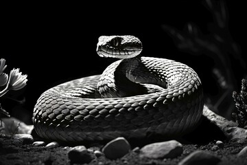 Rattlesnake coiled poised to strike in the silent mojave night, AI generated