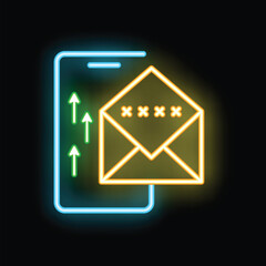 Poster - Neon icon of a smartphone sending an encrypted email message with up arrows