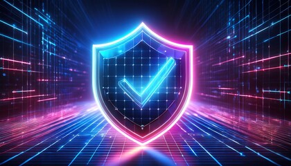 Poster - A vibrant digital shield with a checkmark, symbolizing security and protection in a high-tech environment.