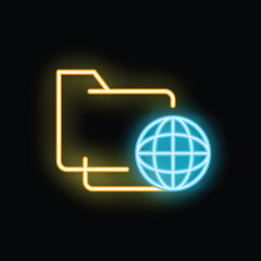 Poster - Neon glowing icon of a folder sharing files online, representing cloud computing and data storage