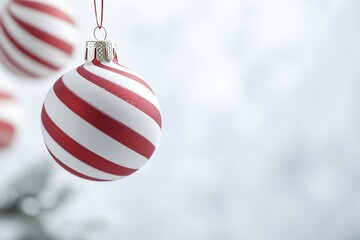 Poster - Christmas bauble ornament with red and white stripes on tree with copy space. Generative AI, AI generated