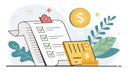 Wall Mural - A colorful illustration of a checklist, money, and leaves, representing financial planning and organization.