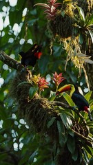 Leinwandbilder - A pair of toucans perched on a branch covered in orchids and bromeliads, their beaks creating a stunning focal point.
