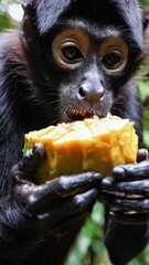 Poster - A close-up of a spider monkey holding a piece of fruit, its intelligent eyes reflecting the vibrant jungle around it.
