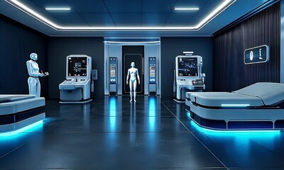 Poster - Futuristic hospital robots assist patient, blue lighting