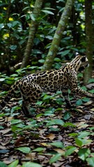 Aufkleber - A majestic ocelot walking silently through the undergrowth, its spotted fur blending into the dappled light of the jungle.
