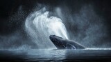 Humpback whale spouting water at night.