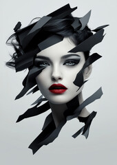 Wall Mural - A woman with a black and white face and red lips is surrounded by black shards of glass.