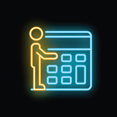 Poster - Neon sign of a businessman standing next to a giant calculator on a black background