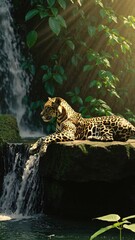 Aufkleber - A jaguar resting on a sunlit rock near a waterfall, its coat glistening and its powerful eyes scanning the jungle.
