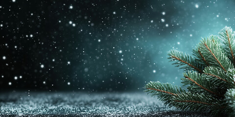 Wall Mural - Pine branch with snow and stars on winter night background. Christmas and holiday concept