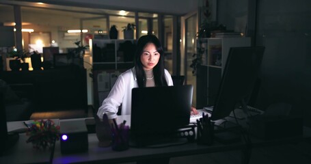 Poster - Research, night and laptop with business asian woman in office for art director, media campaign and overtime. Client feedback, email and deadline with person in creative agency for design editor