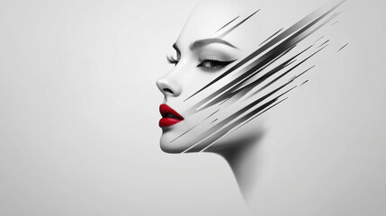 Wall Mural - A woman's face in black and white, with red lipstick and long eyelashes, is shown in profile against a white background.